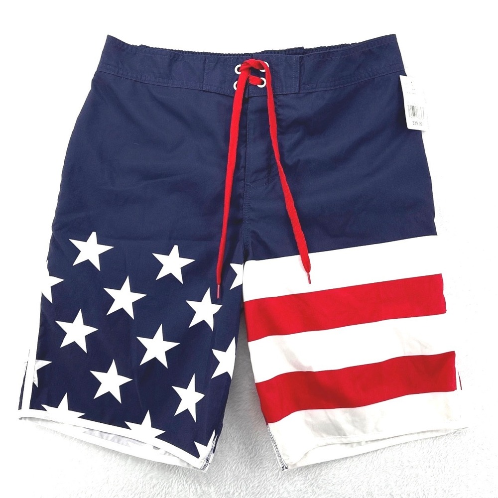 Bioworld American Flag Swim Board Short Trunks Red White Blue 4TH July Large NWT